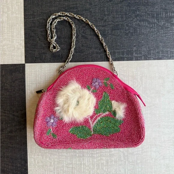 Pink beaded shoulder bag (similar to Mary Frances!) fully beaded with puffball - Picture 1 of 4